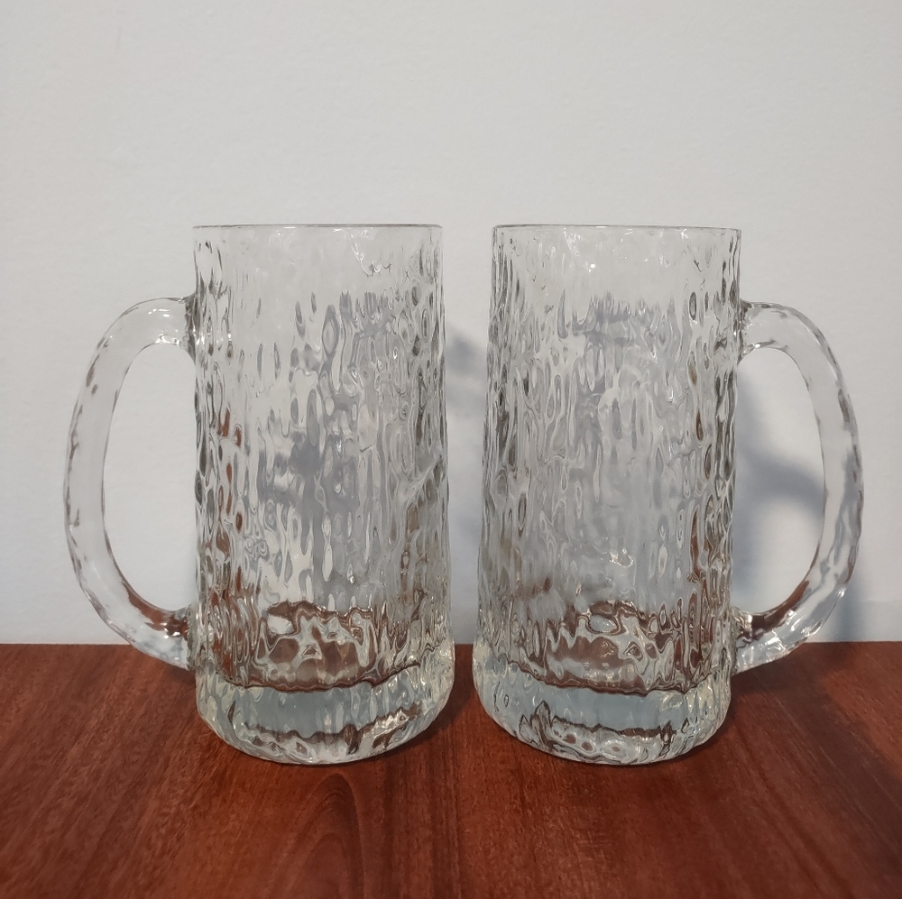 Bark Textured Glass Beer Stein Mugs 5 1/2" Heavy Vintage